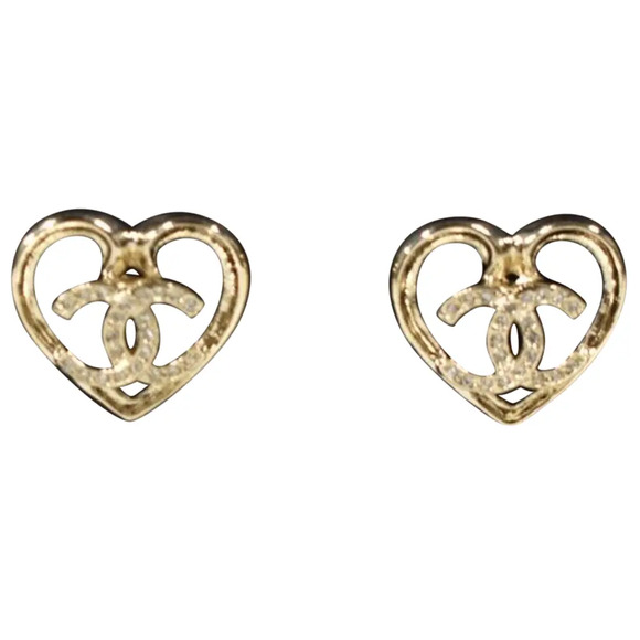 Chanel 23C Gold Crystal Heart Interlocking CC Logo Drop Statement Stud Earrings - Picture 3 of 7